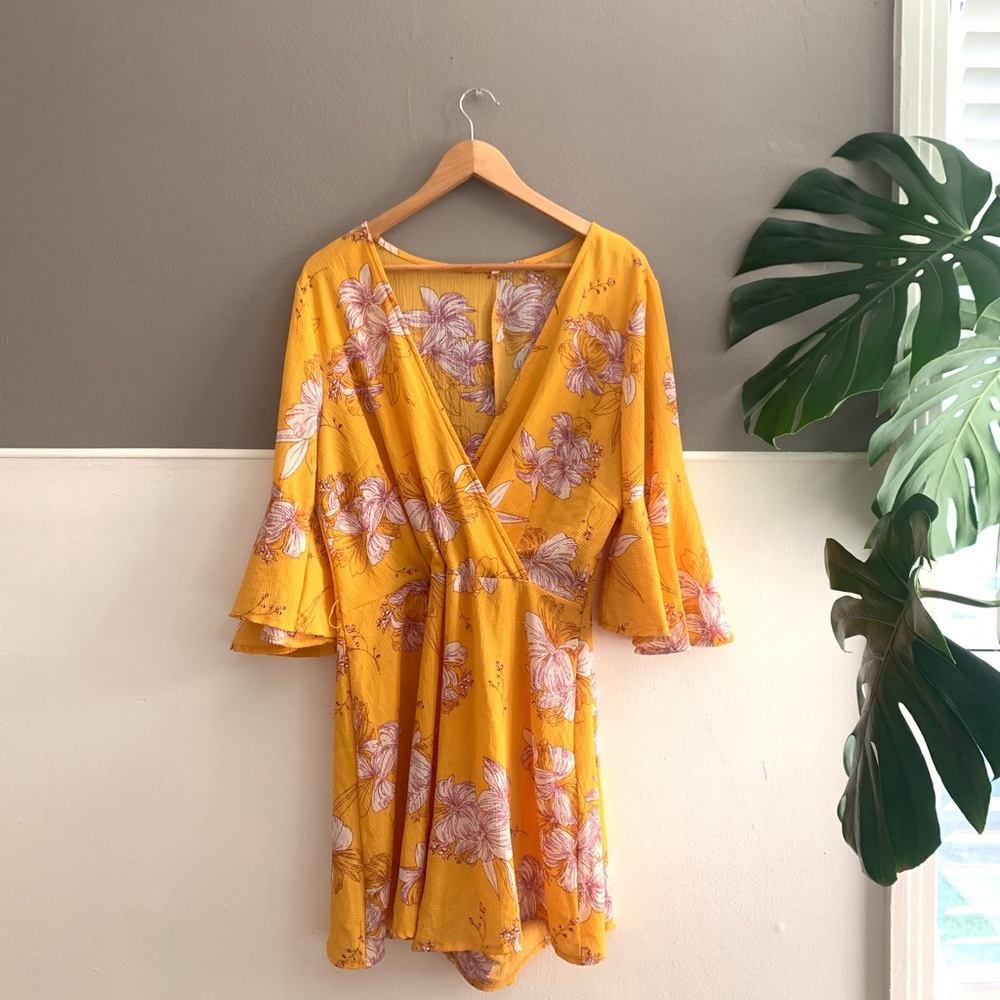 Yellow Floral Bell Sleeve Romper